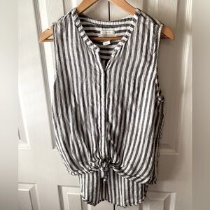 C&C California Black/White Striped 100% Linen Tie Front Sleeveless Top SZ M